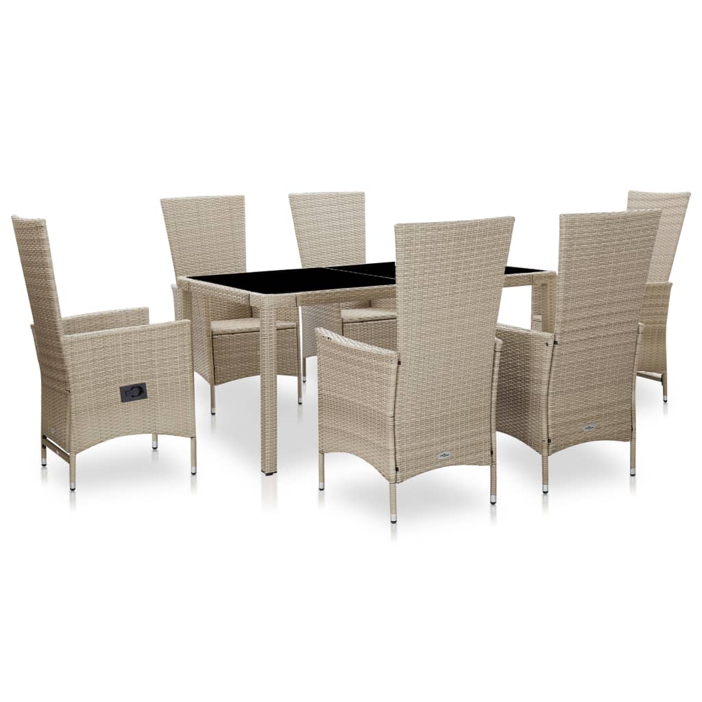 Set Da Pranzo Da Giardino 7 Pz Con Cuscini In Polyrattan Beige