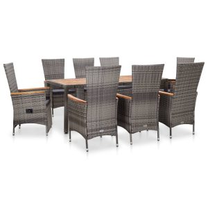 Set Da Pranzo Da Esterno 9 Pz Con Cuscini In Polyrattan Grigio