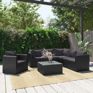 Set Divani Da Giardino 7 Pz Con Cuscini In Polyrattan Nero