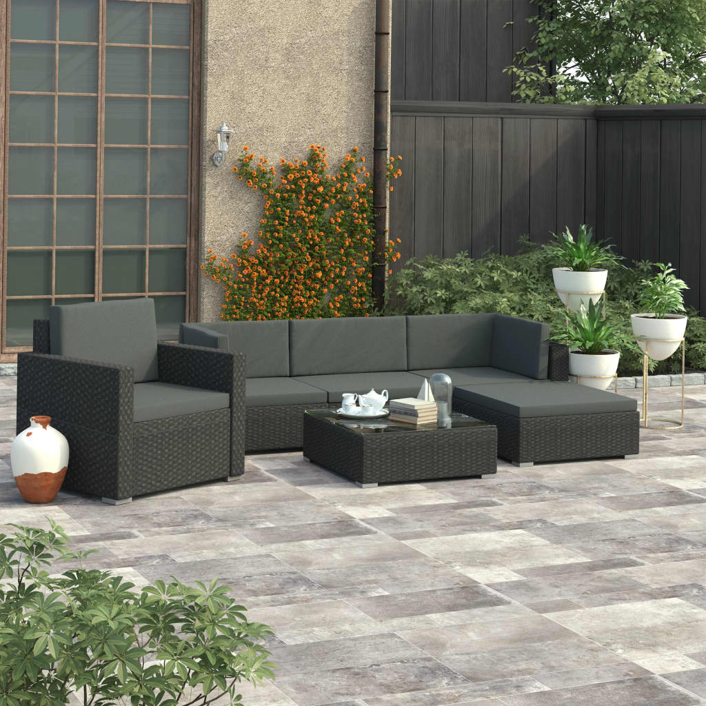 Set Divani Da Giardino 6 Pz Con Cuscini In Polyrattan Nero