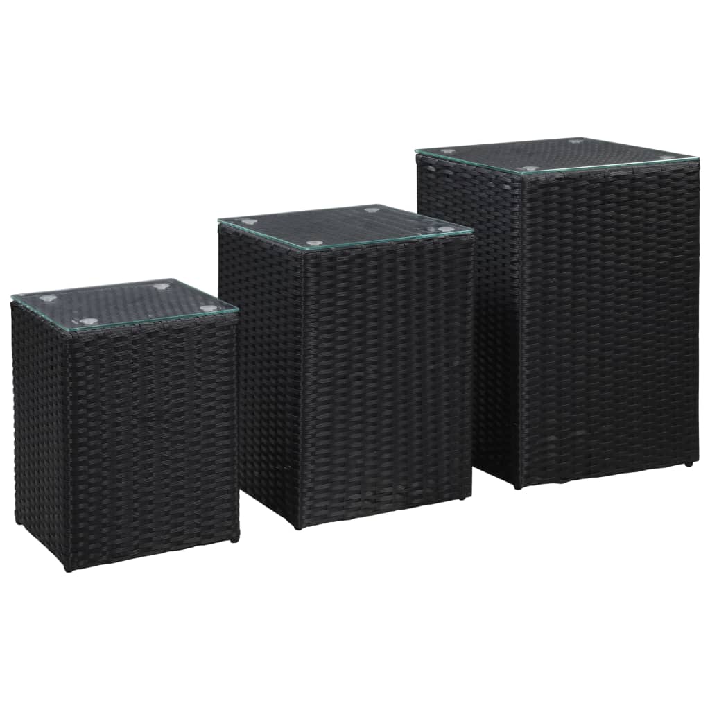 Tavolini Laterale 3 Pz Con Piano In Vetro Neri In Polyrattan
