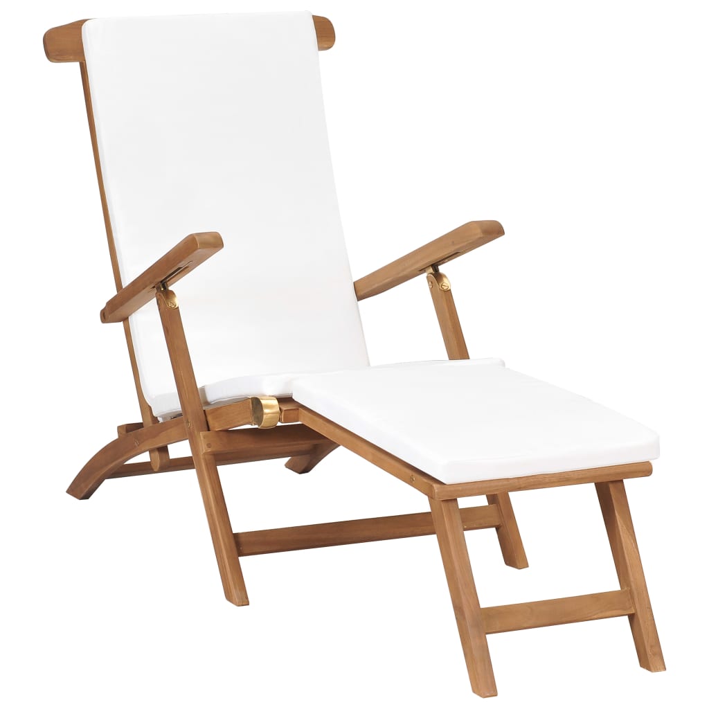 Sedia A Sdraio Con Cuscino Bianco Crema Legno Massello Di Teak