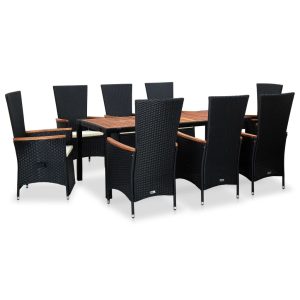 Set Da Pranzo Da Giardino 9 Pz Con Cuscini In Polyrattan Nero