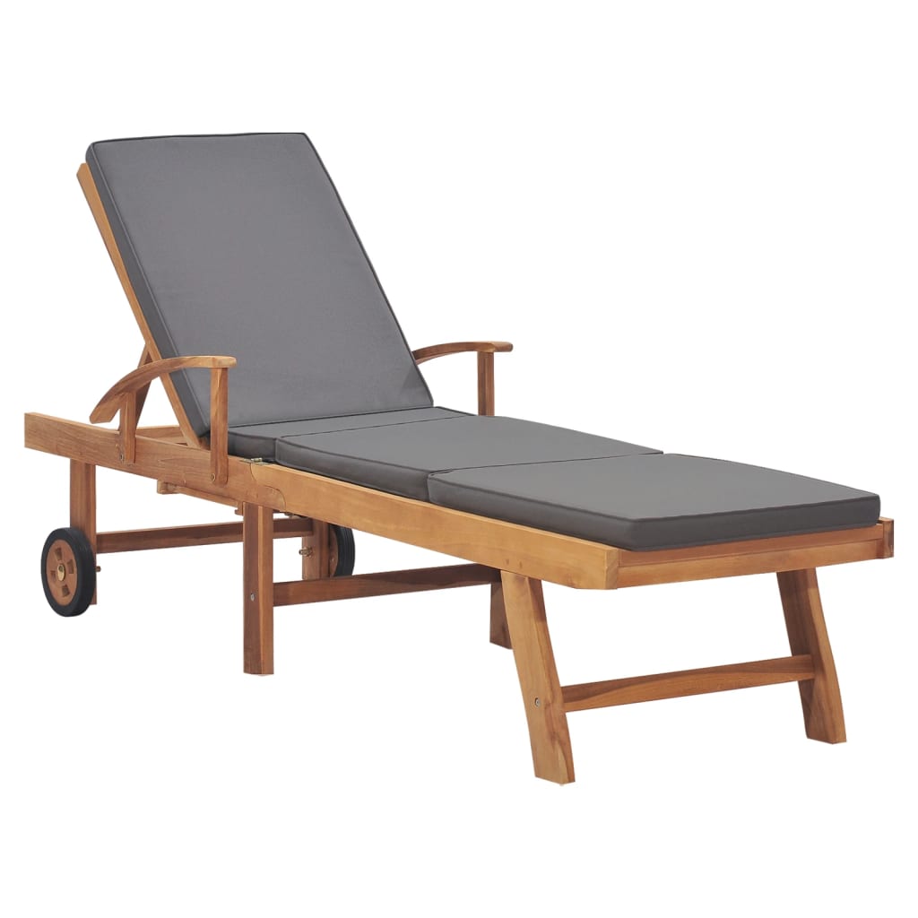 Lettino Prendisole Con Cuscino In Massello Di Teak Grigio Scuro