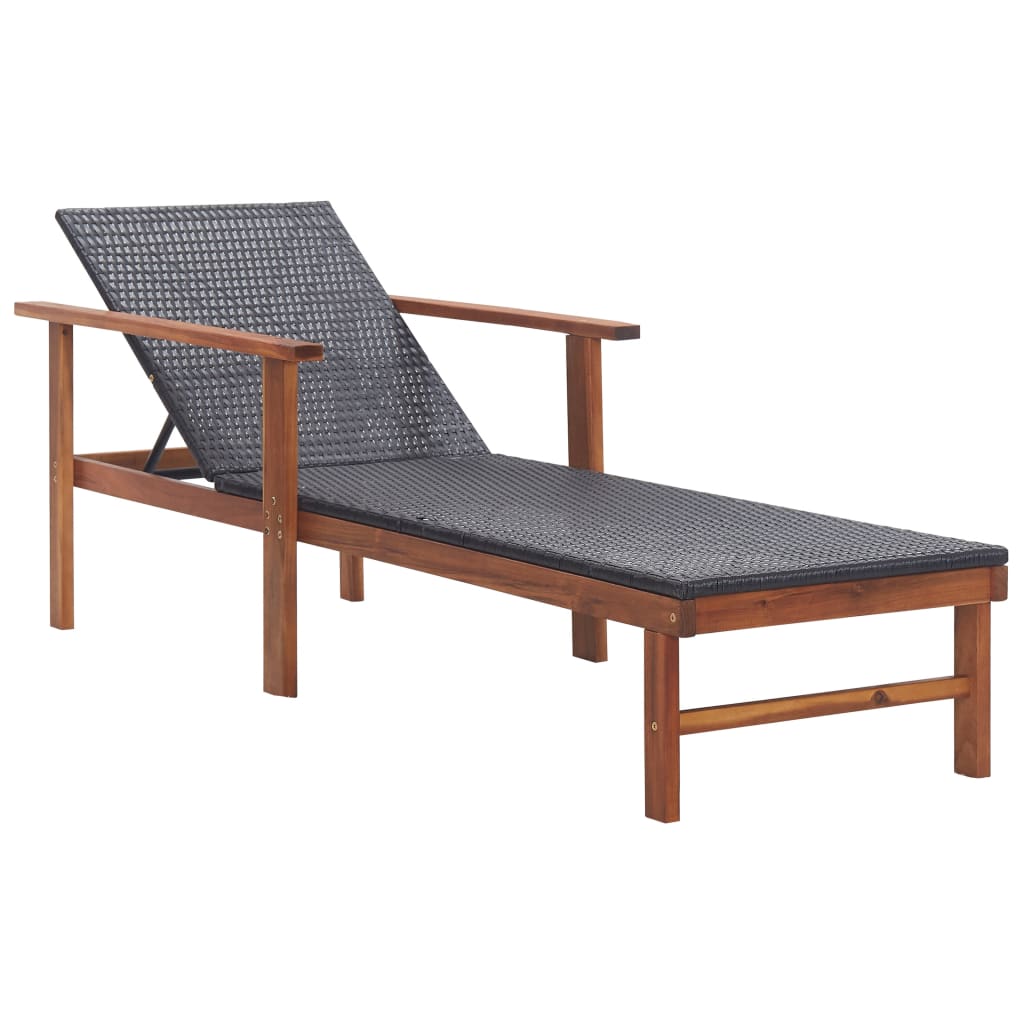 Lettino Prendisole Polyrattan E Legno Massello Di Acacia Nero