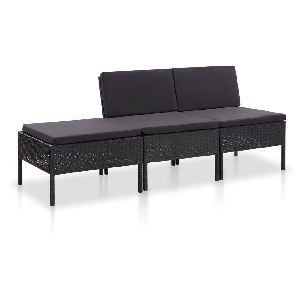 Set Divani Da Giardino 3 Pz Con Cuscini In Polyrattan Nero