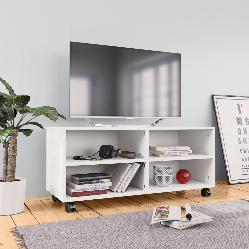 Mobile Tv Con Ruote Bianco 90x35x35 Cm In Legno Multistrato