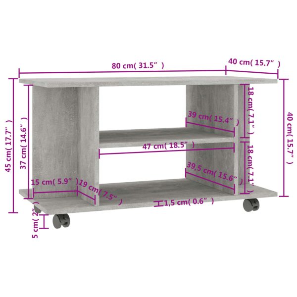 Mobile Tv Con Ruote Grigio Cemento 80x40x45 Cm In Multistrato - Image 6
