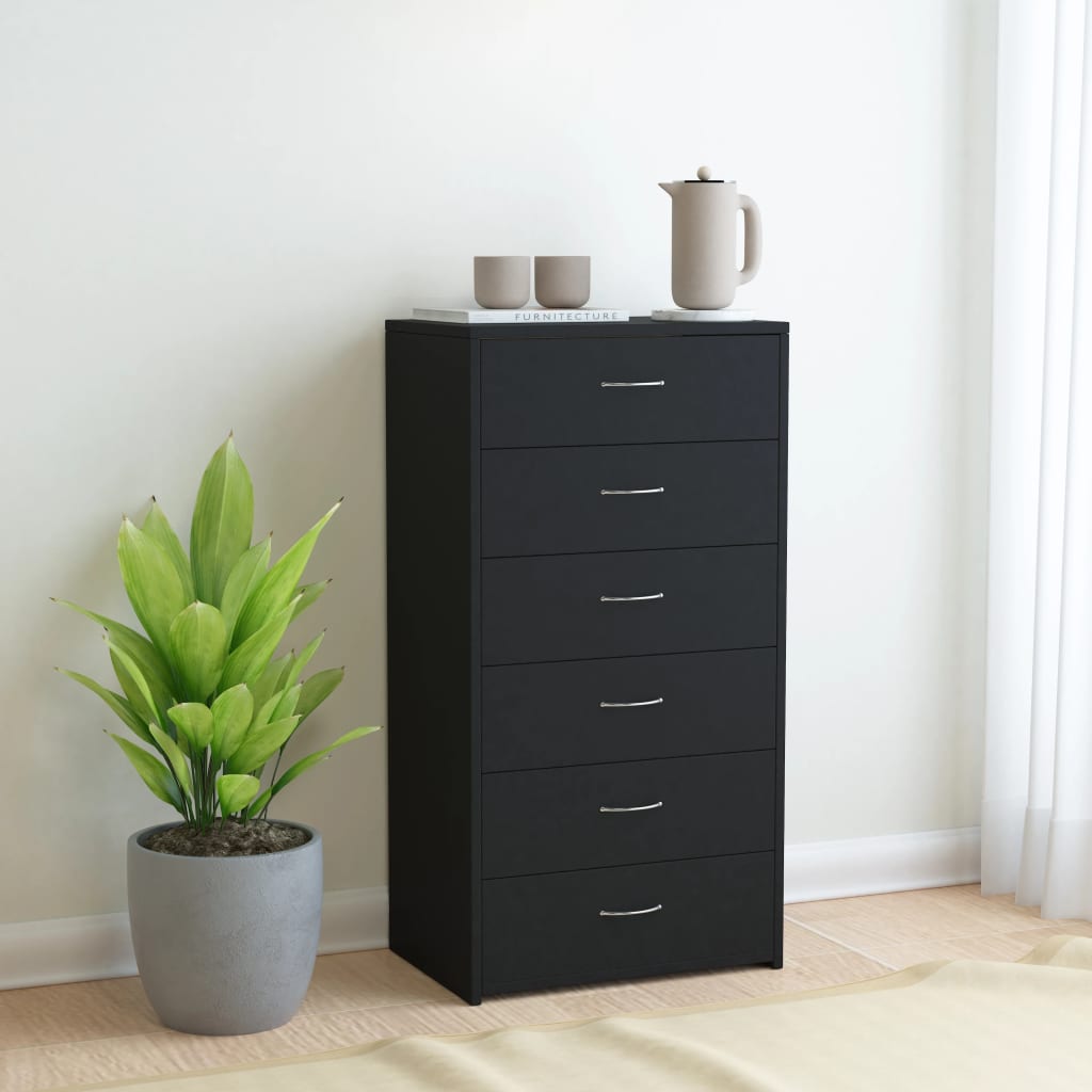Credenza Con 6 Cassetti Nera 50x34x96 Cm In Legno Multistrato