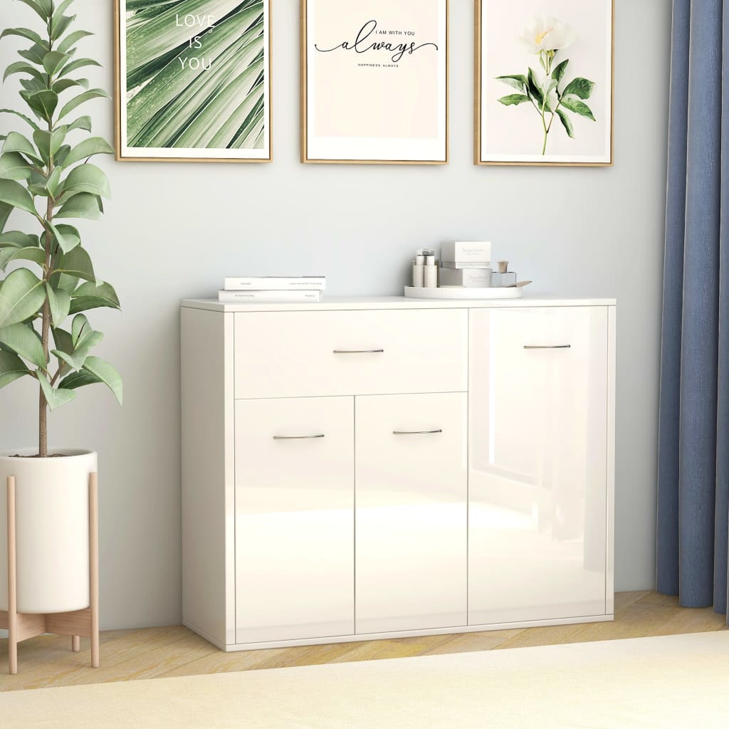 Credenza Bianco Lucido 88x30x70 Cm In Legno Multistrato