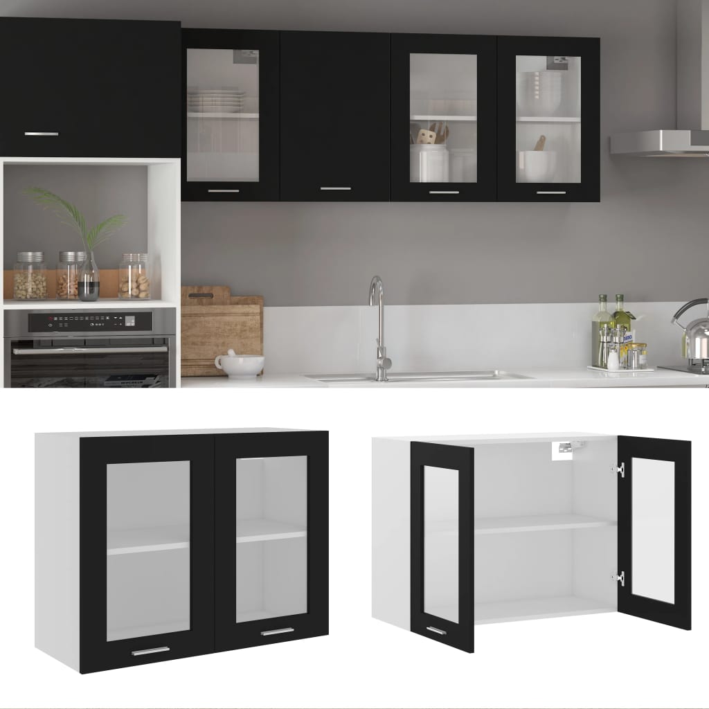 Mobile Pensile Con Vetro Nero 80x31x60 Cm Legno Multistrato