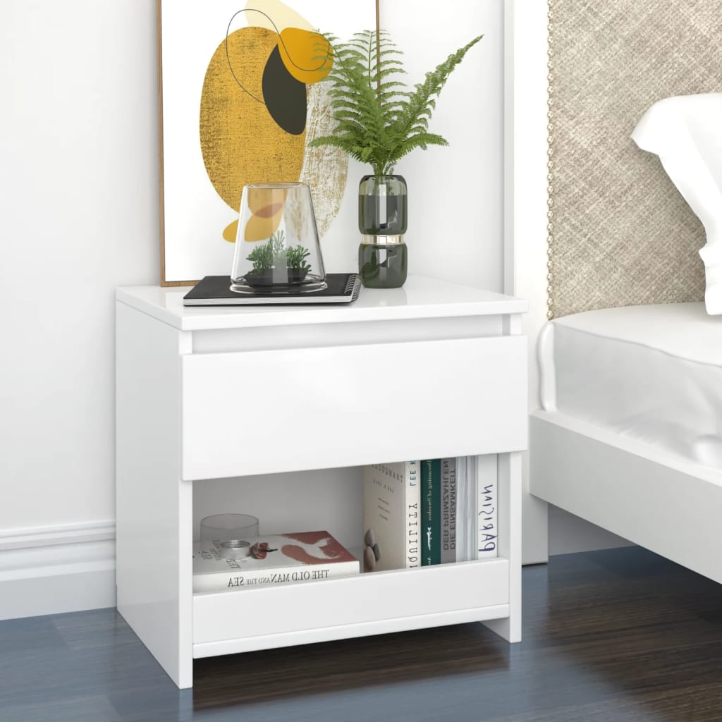 Comodini 2pz Bianco Lucido 40x30x39 Cm In Legno Multistrato