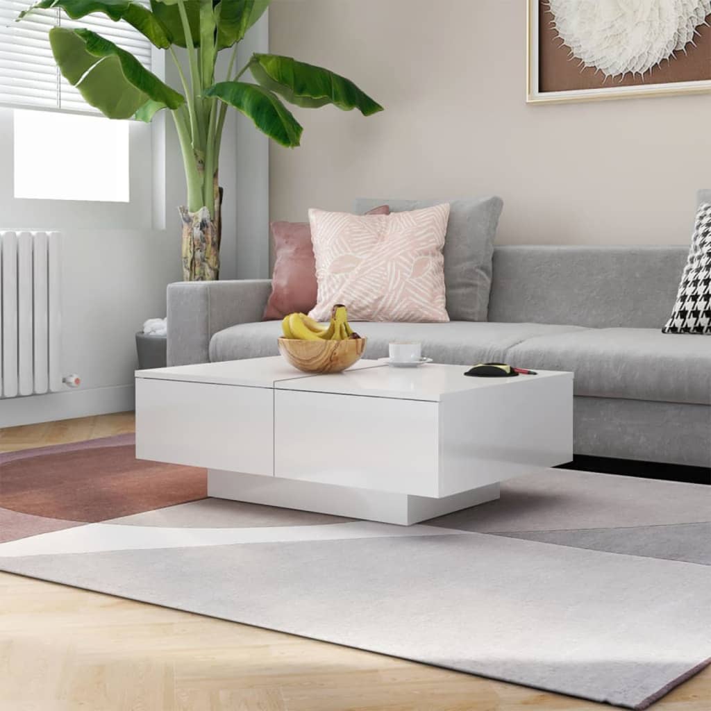 Tavolino Salotto Bianco Lucido 90x60x31 Cm In Legno Multistrato