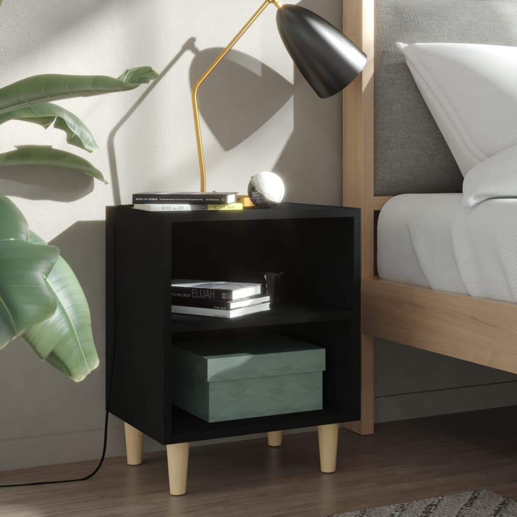 Comodino Con Gambe In Legno Massello Nero 40x30x50 cm