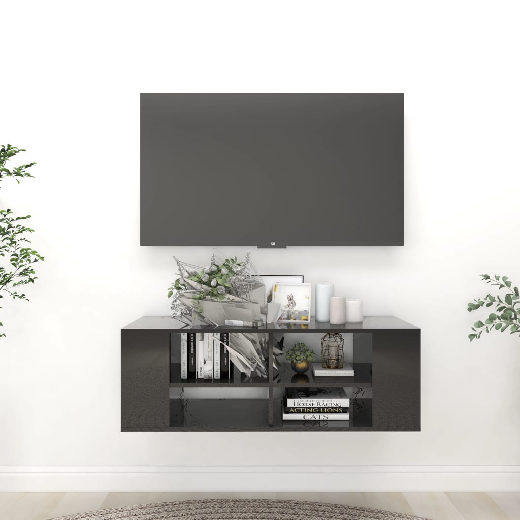 Mobile Tv Da Parete Nero Lucido 102x35x35 Cm Legno Multistrato