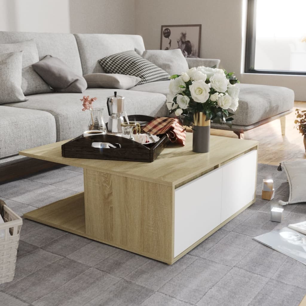 Tavolino Salotto Bianco E Rovere Sonoma 80x80x31cm Multistrato
