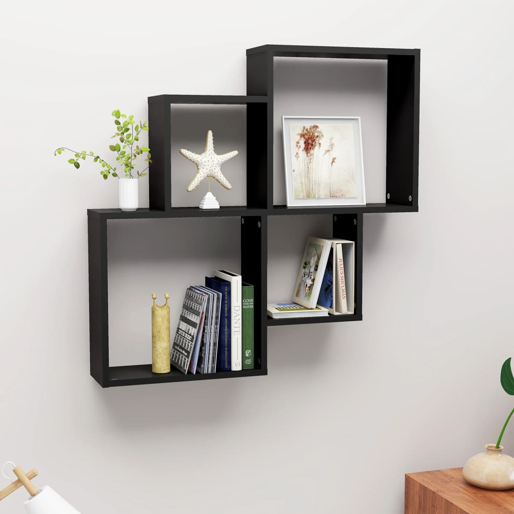 Mensola Da Parete A Cubo Nera 80x15x78,5 Cm Legno Multistrato
