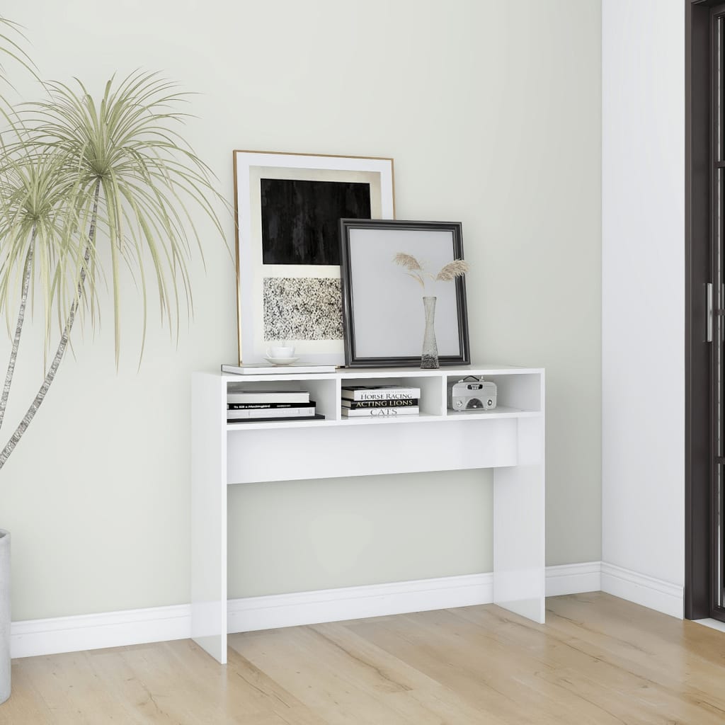 Tavolino Consolle Bianco Lucido 105x30x80 Cm Legno Multistrato