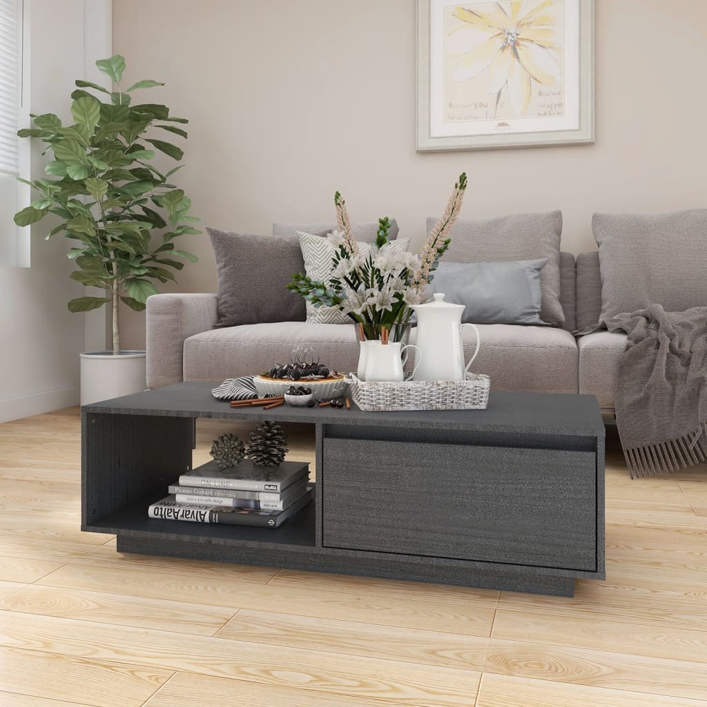 Tavolino Da Salotto Grigio 110x50x33,5cm Legno Massello Di Pino
