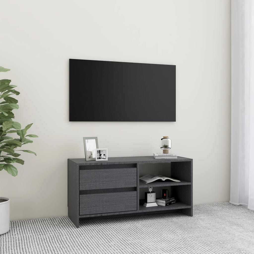 Mobile Porta Tv Grigio 80x31x39 Cm In Legno Massello Di Pino