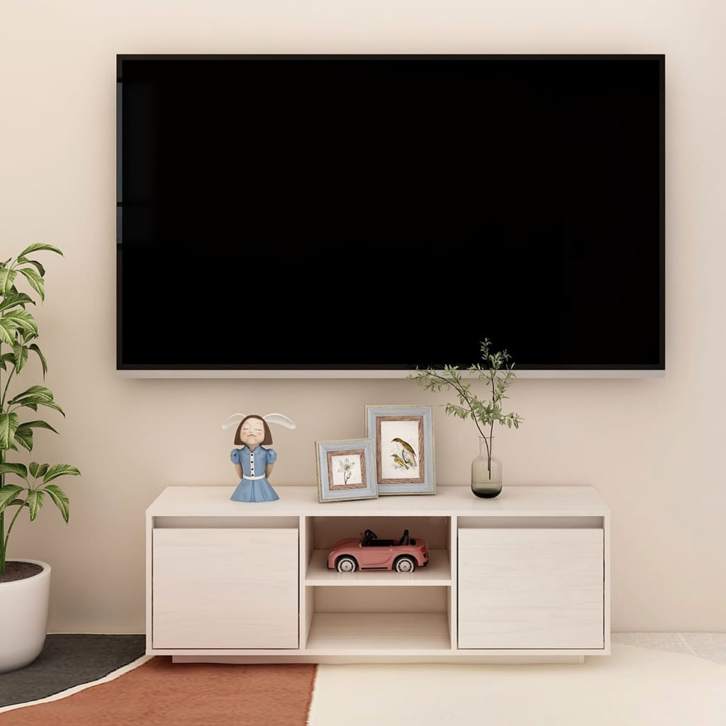 Mobile Porta Tv Bianco 110x30x40 Cm In Legno Massello Di Pino