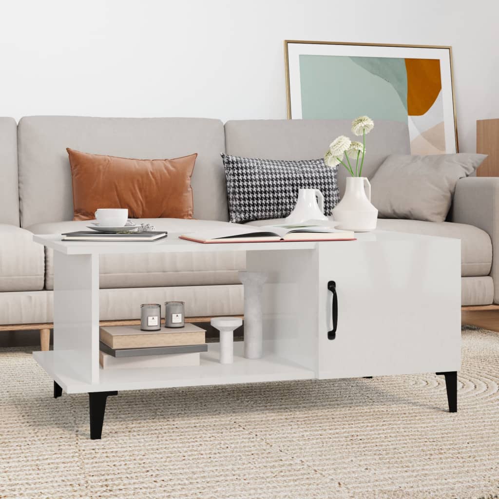 Tavolino Da Salotto Bianco Lucido 90x50x40 Cm Legno Multistrato