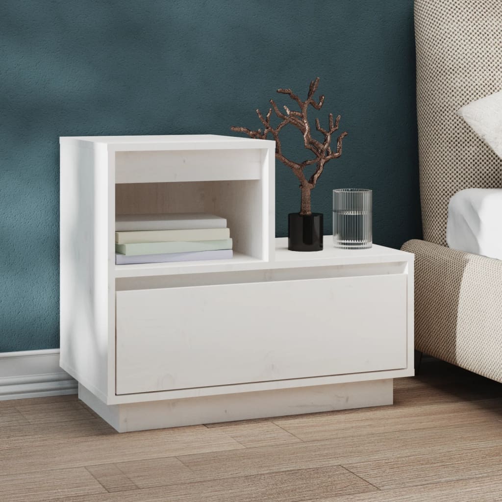 Comodino Bianco 60x34x51 Cm In Legno Massello Di Pino