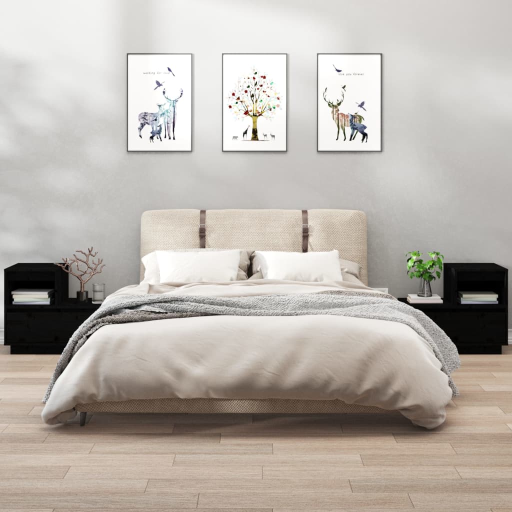 Comodini Neri 2 Pz 60x34x51 Cm In Legno Massello Di Pino