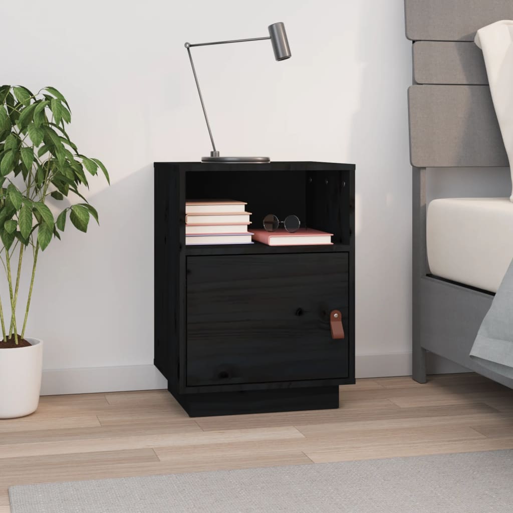 Comodino Nero 40x34x55 Cm In Legno Massello Di Pino