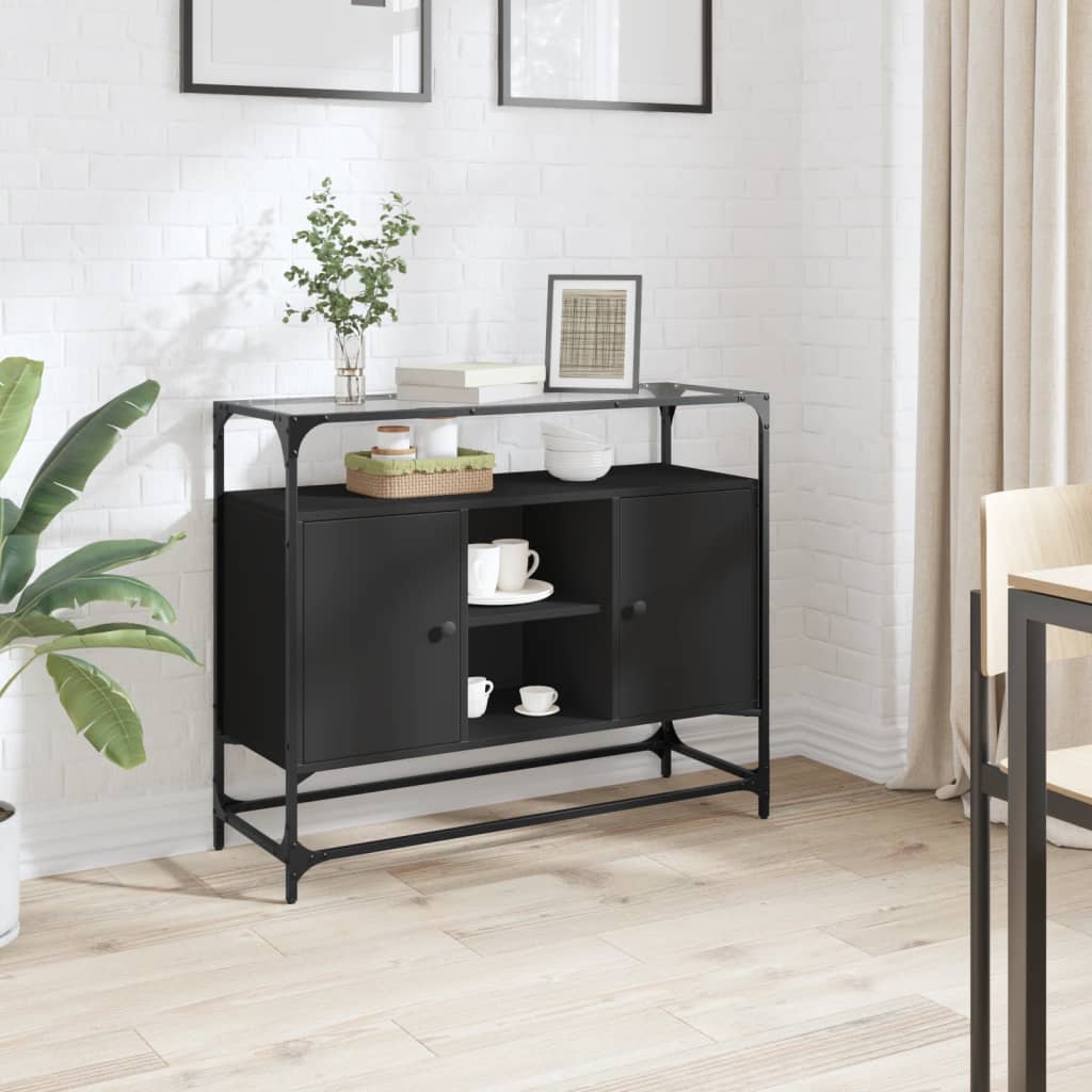 Credenza Con Piano In Vetro Nero 98x35x81cm Legno Multistrato