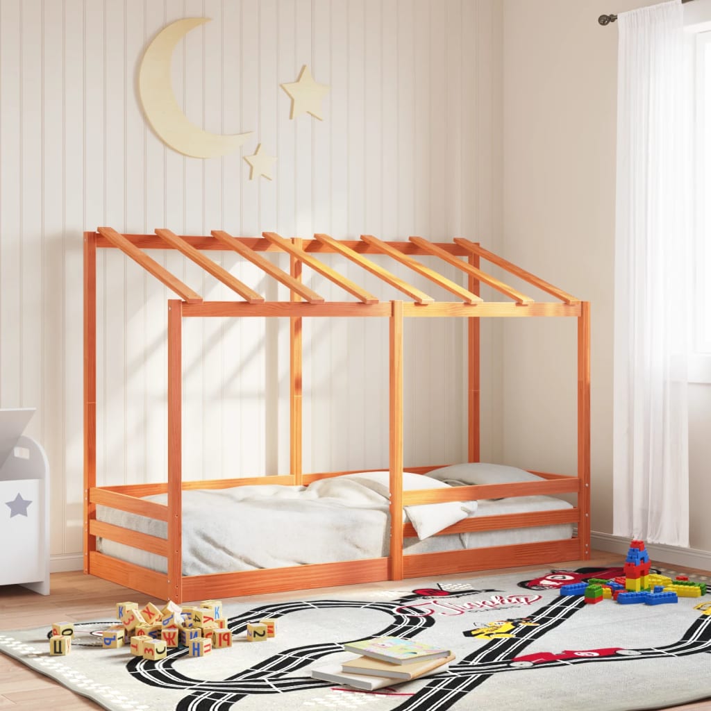 Letto Bambini Con Tetto Marrone Cera 75x190 Cm Massello Pino