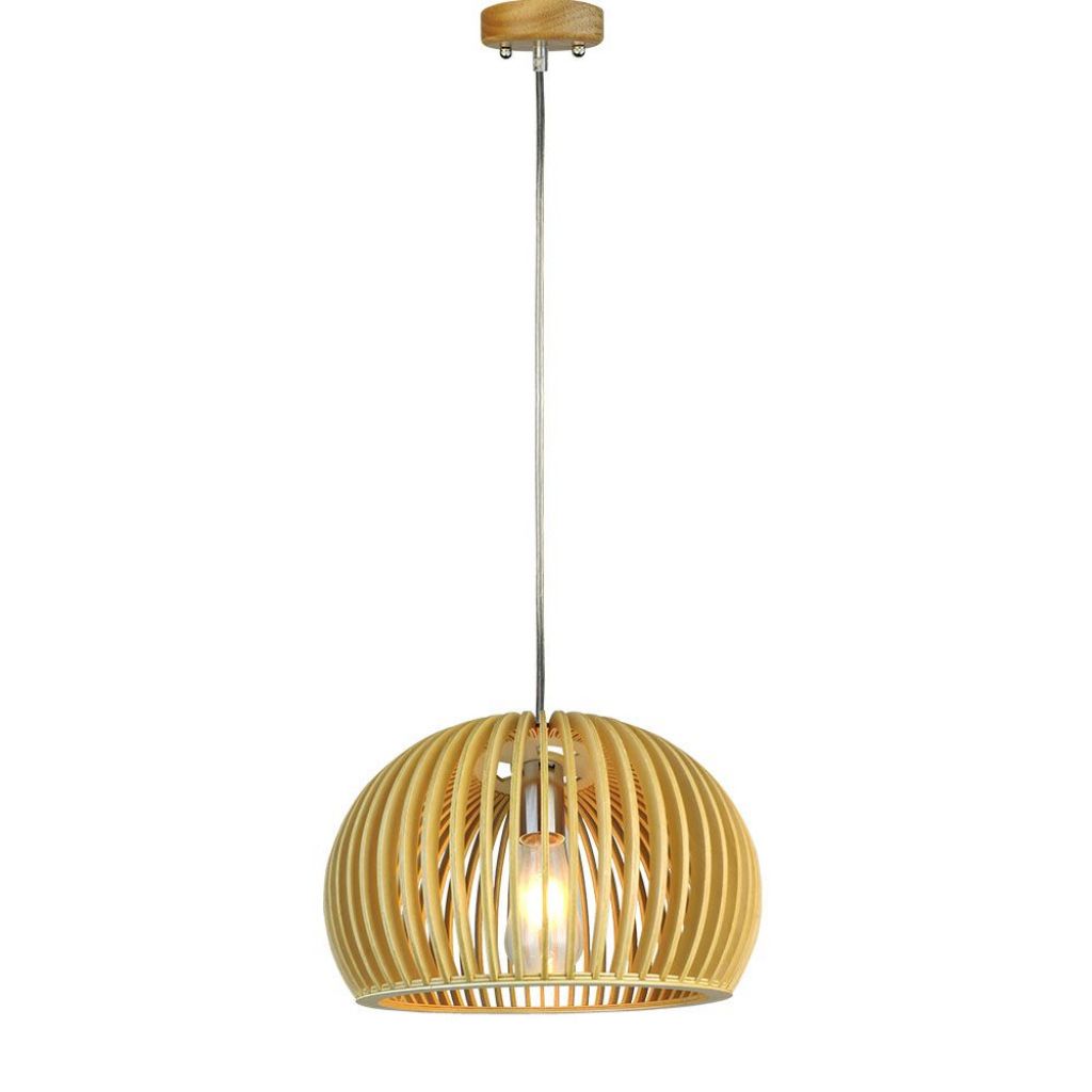 Wooden Pendant Light With Chrome Decorative Cap + Canopy + Lampshade Big Roundd330*h220mm