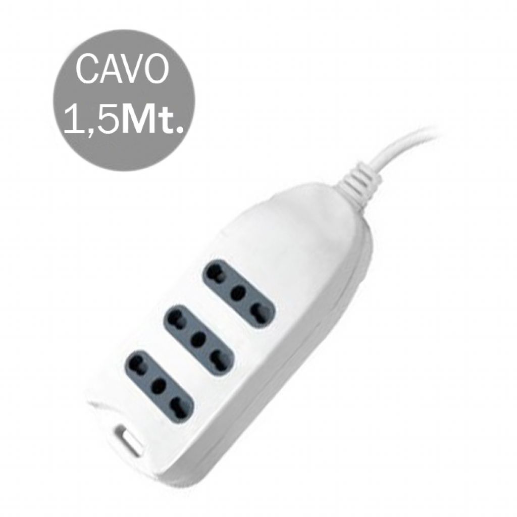 Multipresa 3 Pos 10/16a Bipasso Con Attacco A Parete 250v~max:3500w Cavo H05vV-F 3g1.0mmx1.5m Con Spina 16a 2p+t