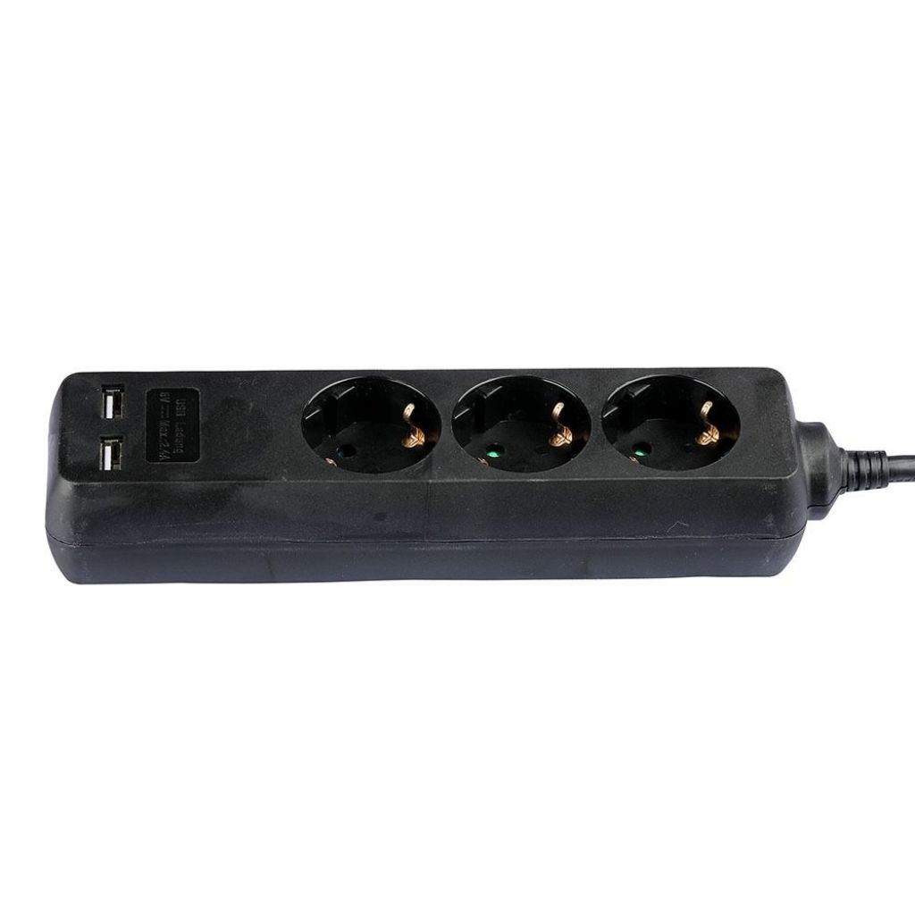 3 Ways Socket With 2 Usb (3g 1.5mm2 X 1.5m) Polybag With Card Black