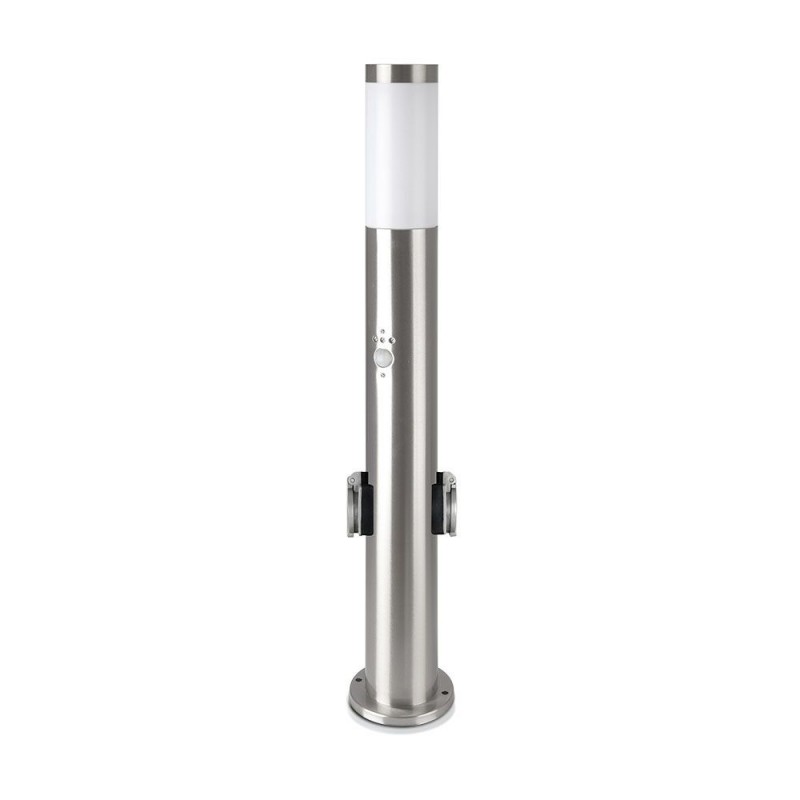 E27 Bollard Lamp 60cm Pir Sensor With 2 Eu Plug Sockets Stainless Steel Satin Nickel Ip44